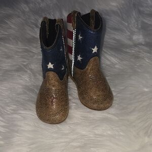 Kids Western Star Booties in Blue, Red & Brown